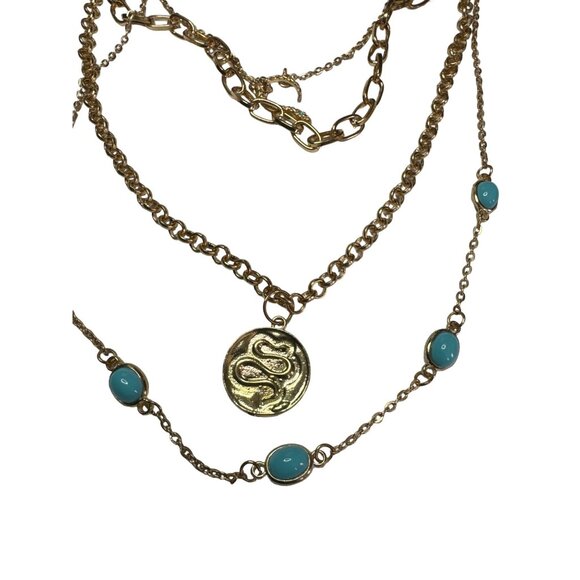 Multi Strand Gold Tone Snake Charm and Faux Turquoise Necklace - Picture 3 of 4